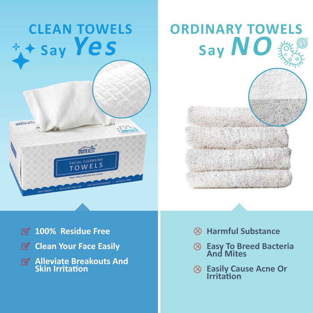 HOMEXCEL Face Towels,Disposable Makeup Remover Wipes,Super Soft Biodegradable Dry Facial Hand Clean Facial Towels Wash Cloth for Sensitive Skin, 50 Count