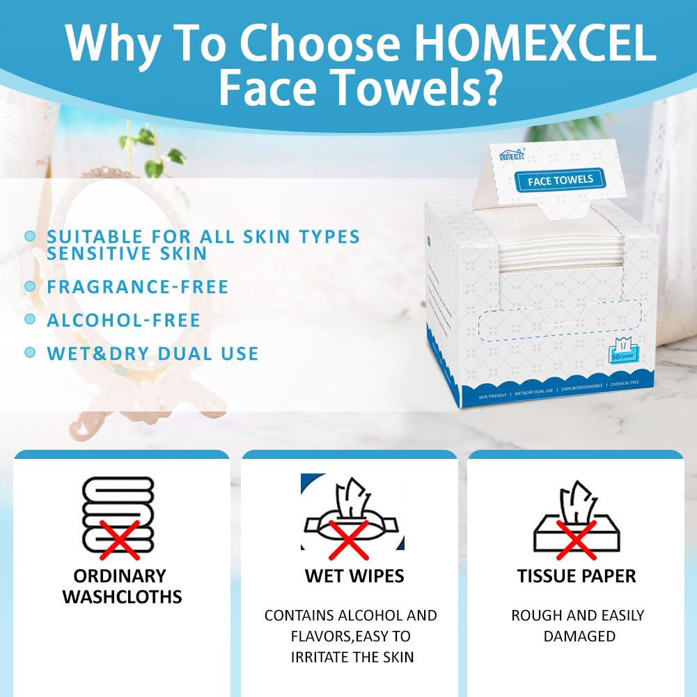 HOMEXCEL Face Towels,Disposable Makeup Remover Wipes,Super Soft Biodegradable Dry Facial Hand Clean Facial Towels Wash Cloth for Sensitive Skin, 50 Count
