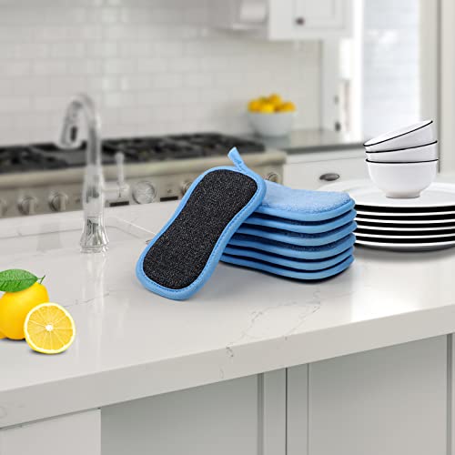 12 Pieces Scrub Microfiber Sponge with Hanger, Non-Scratch Premium Reusable Sponge with Heavy Duty Scrubber for Kitchen Easily Cleaning Dishes, Pots and Pans(Blue)…