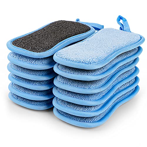 12 Pieces Scrub Microfiber Sponge with Hanger, Non-Scratch Premium Reusable Sponge with Heavy Duty Scrubber for Kitchen Easily Cleaning Dishes, Pots and Pans(Blue)…