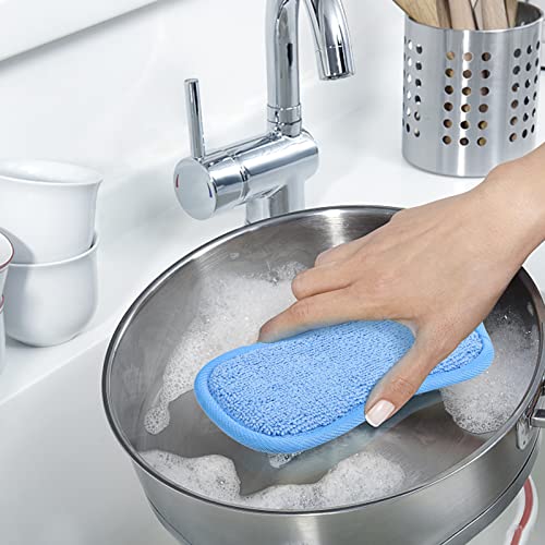 12 Pieces Scrub Microfiber Sponge with Hanger, Non-Scratch Premium Reusable Sponge with Heavy Duty Scrubber for Kitchen Easily Cleaning Dishes, Pots and Pans(Blue)…