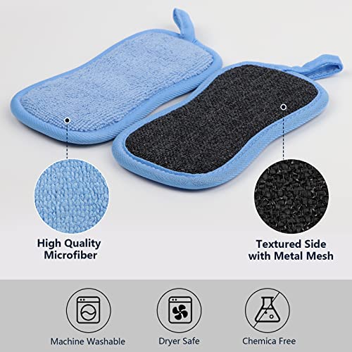 12 Pieces Scrub Microfiber Sponge with Hanger, Non-Scratch Premium Reusable Sponge with Heavy Duty Scrubber for Kitchen Easily Cleaning Dishes, Pots and Pans(Blue)…